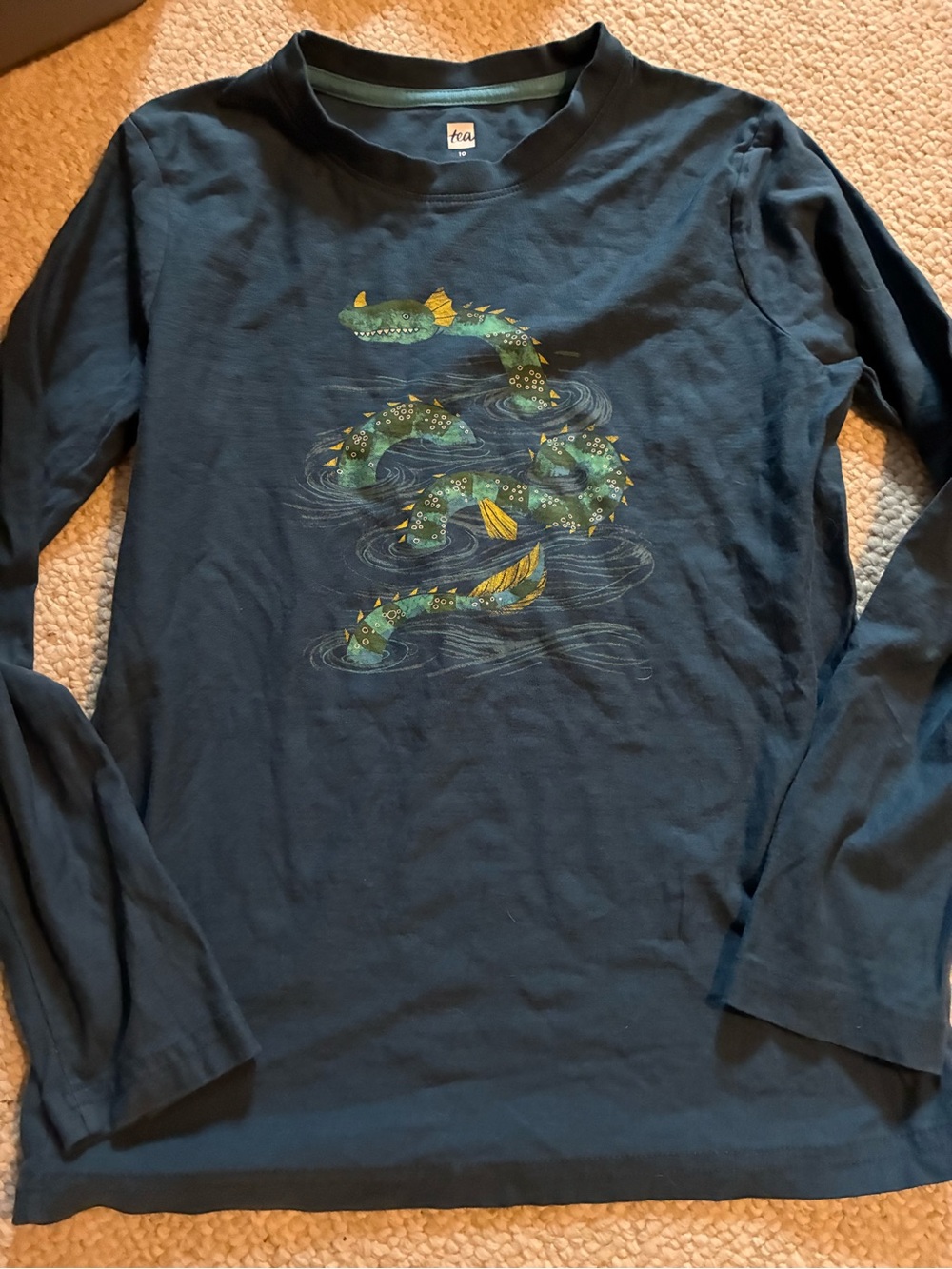Tea Collection Navy Long Sleeve Shirt with Green & Yellow Sea Serpent Graphic 10